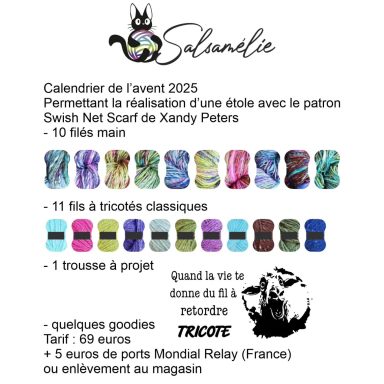 Calendrier 2025 avec patrons et échantillons de fils à tricoter colorés.